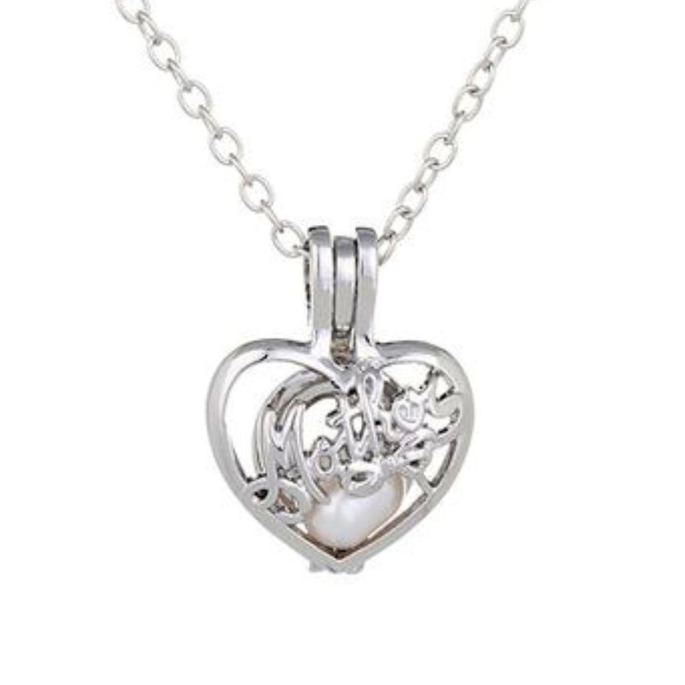 Mother Inscribed Cage Faux Pearl Necklace